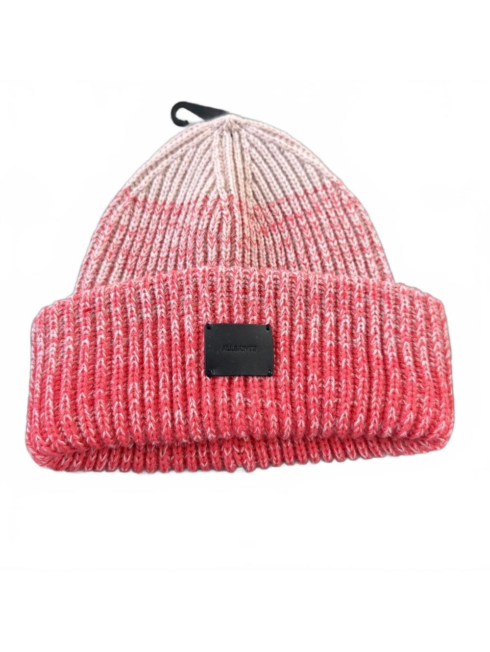 NEW $49 AllSaints Ombré Patch Knit Beanie Hat Wool Blend Pink Multi One Size